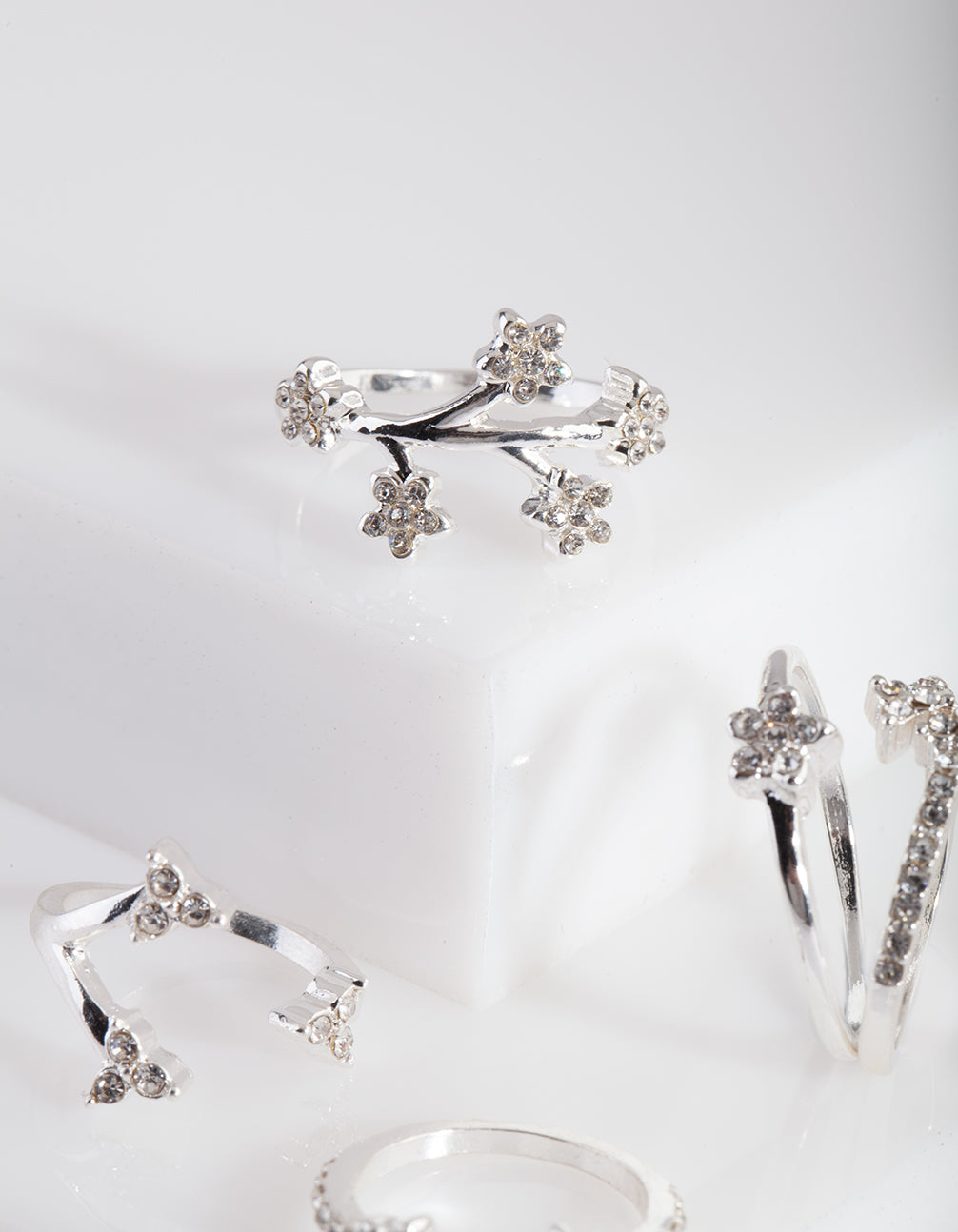 Silver Floral Diamante Ring 5-Pack