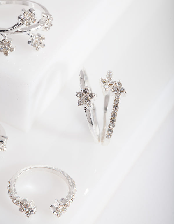 Silver Floral Diamante Ring 5-Pack