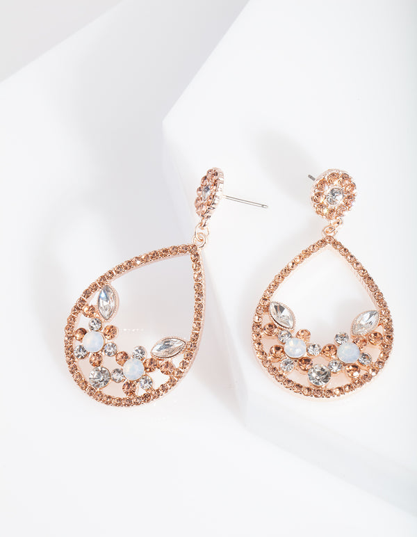 Rose Gold Diamante Flower Cluster Earrings