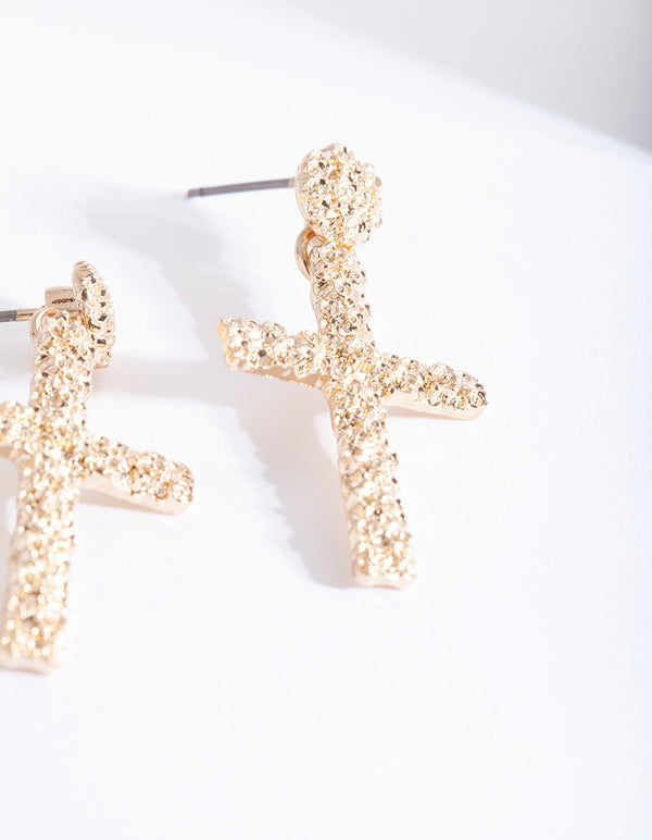 Gold Mini Textured Cross Earrings