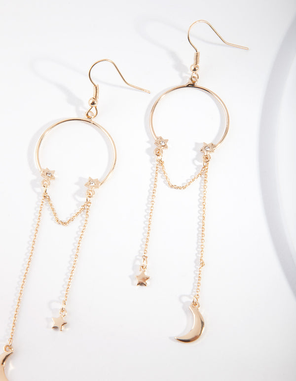 Gold Circle Crescent Circle Drop Earrings
