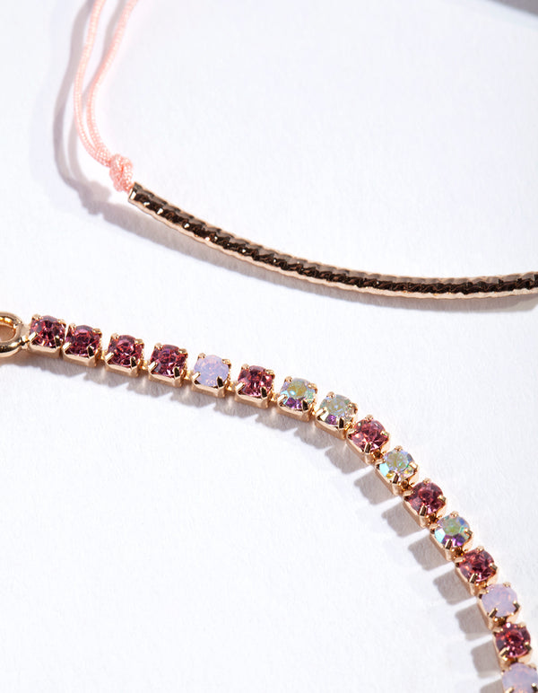 Gold Pink Multi Diamante Bracelet 2 Pack