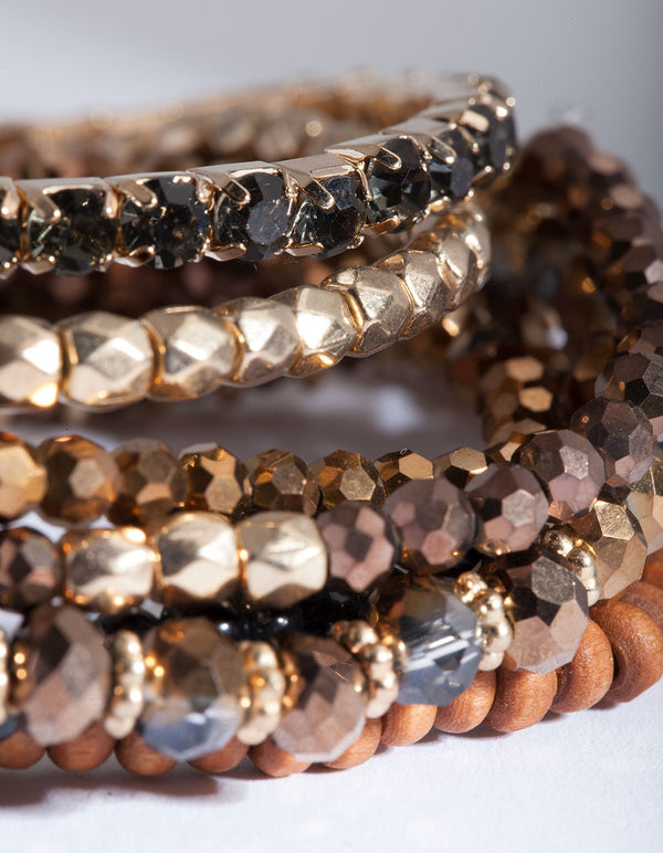 Brown Beads & Wood Stretch 7pk Bracelets