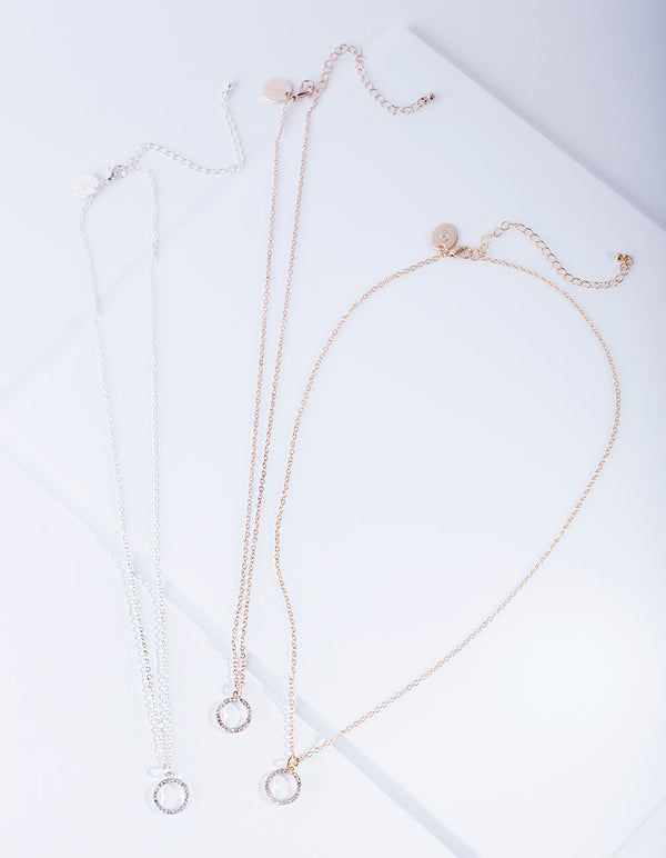 Mixed Metal Diamante Circle Necklace Pack