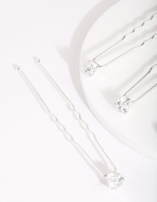 Silver Cubic Zirconia Crystal Hair Pins 4-Pack