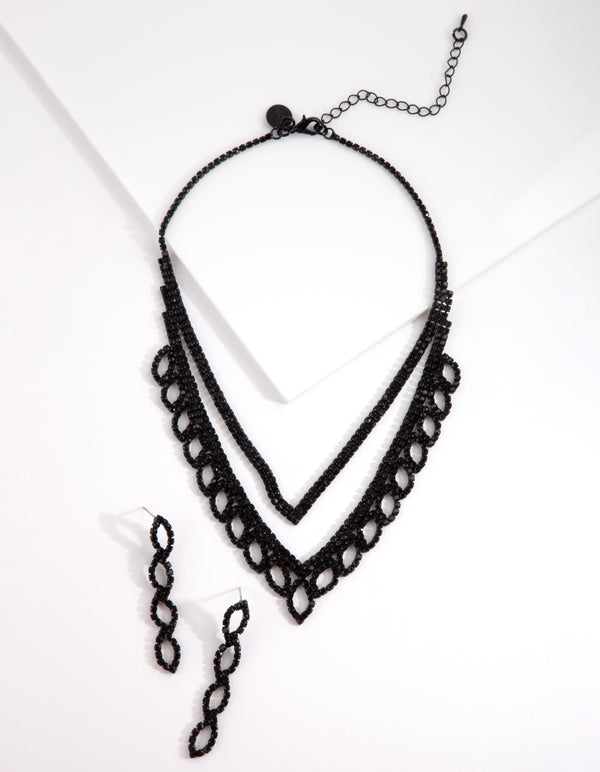 Black Diamante Leaf Necklace & Earrings Set