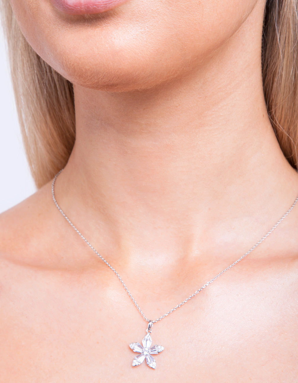 Silver Cubic Zirconia Flower Trapezoid Necklace