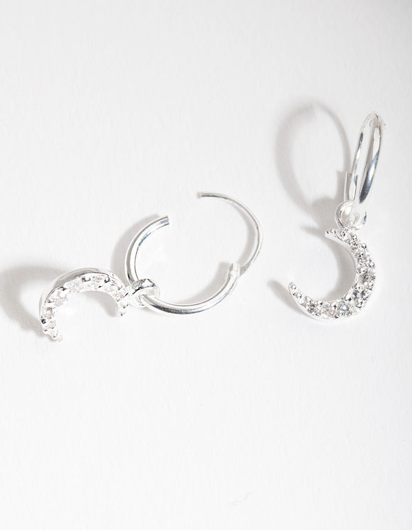 Sterling Silver Diamante Moon Charm Hoop Earrings