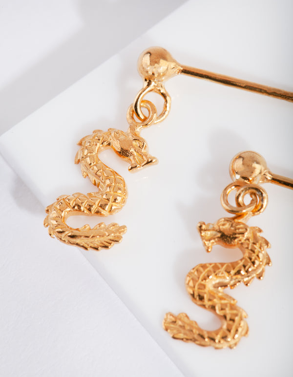 Gold Plated Sterling Silver Mini Dragon Drop Stud Earrings