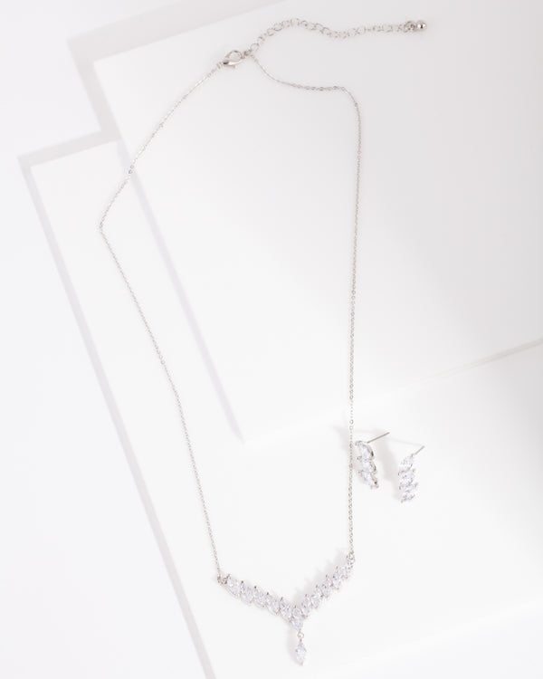 Diamond Simulant Slanted Earrings Necklace Set