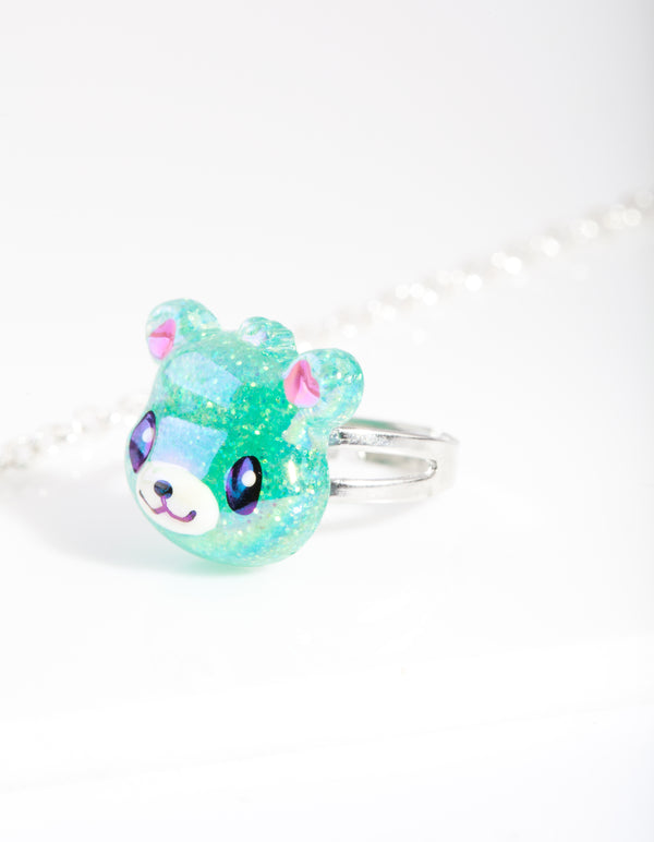 Kids Green Panda Necklace Ring Set