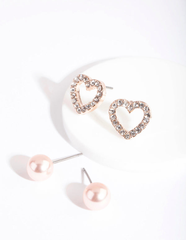 Rose Gold Diamante Heart Pearl Earring Pack