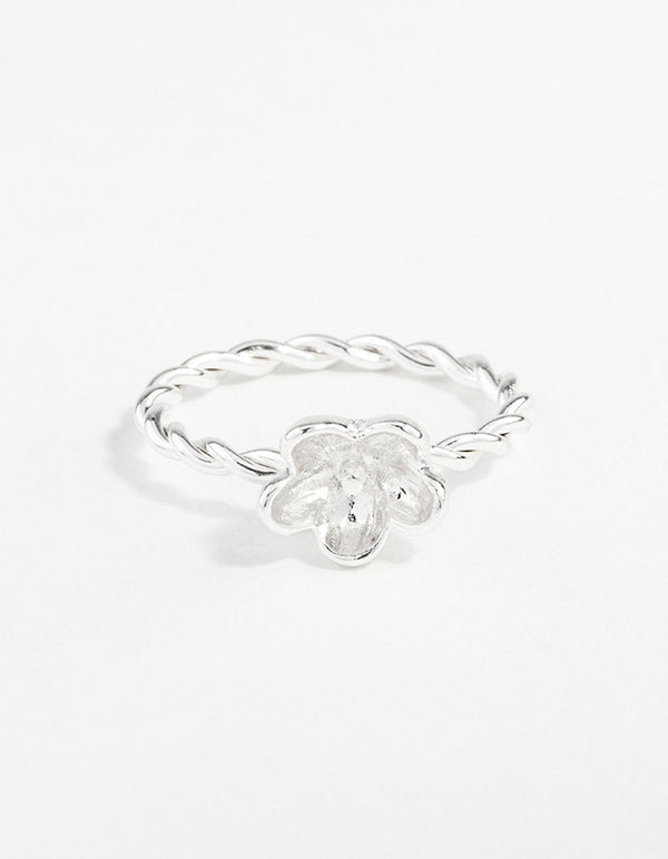 Silver Twist Band Flower Ring