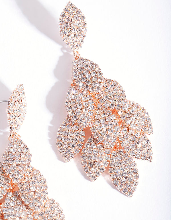 Rose Gold Diamante Multi Leaf Earrings