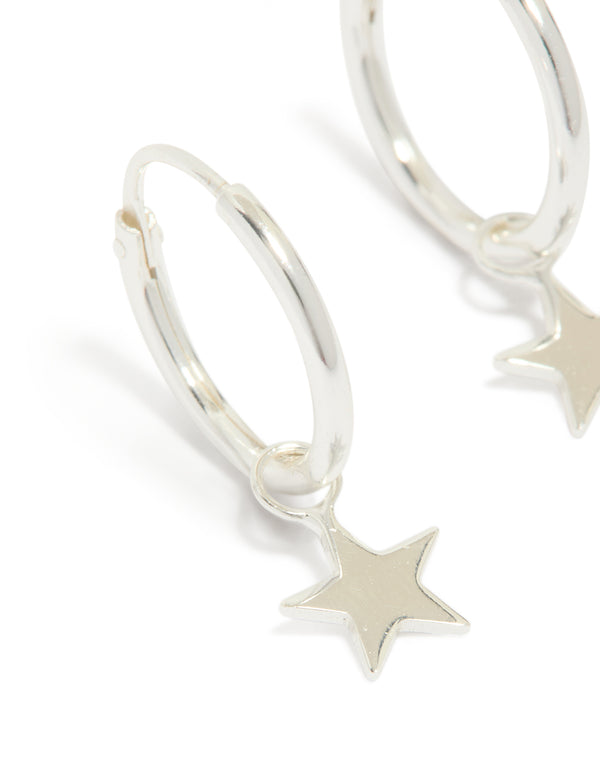 Sterling Silver Plain Star Dangle Hoop Earrings