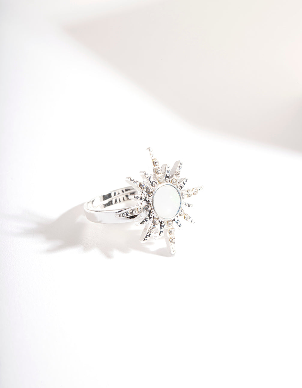 Silver Synthetic Opal Starburt Diamante Ring