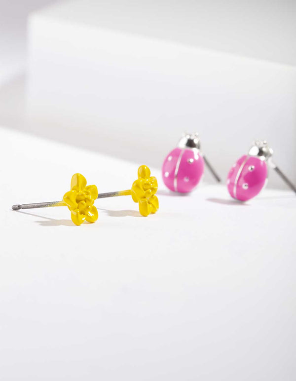 Kids Yellow Pink Ladybug Earring Pack