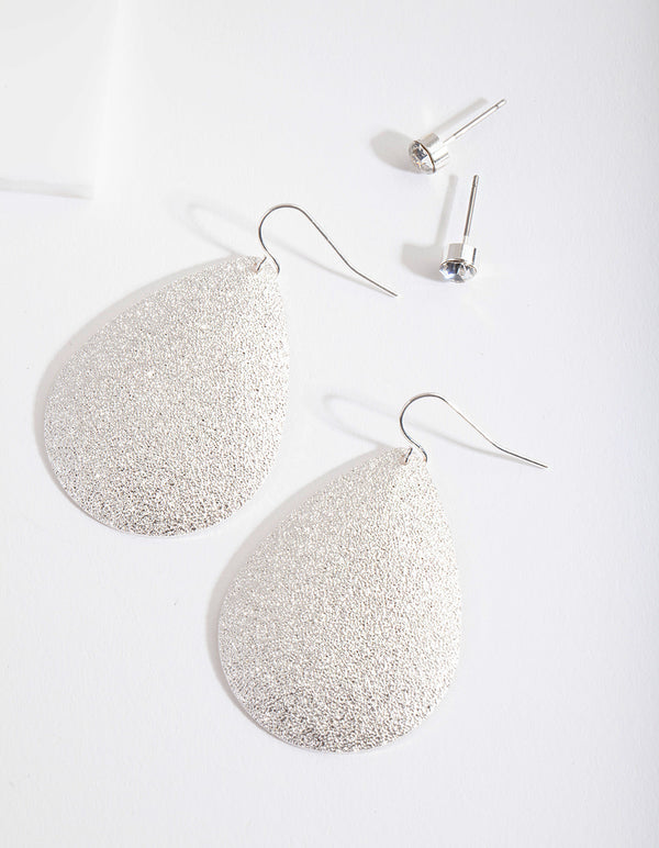Silver Textured Teardrop Duo Earrings
