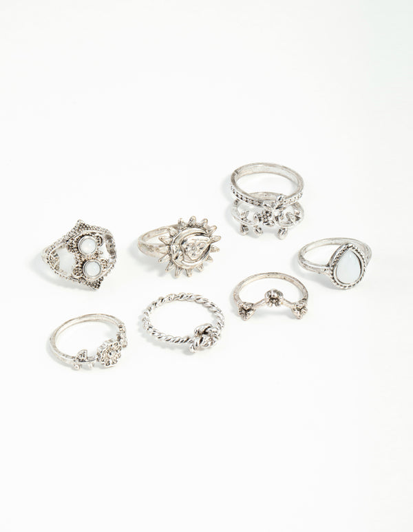 Silver Sun & Moon Ring 8-Pack