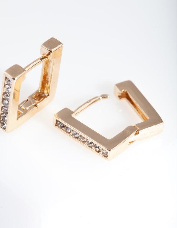 Gold Square Diamante Huggie Earrings