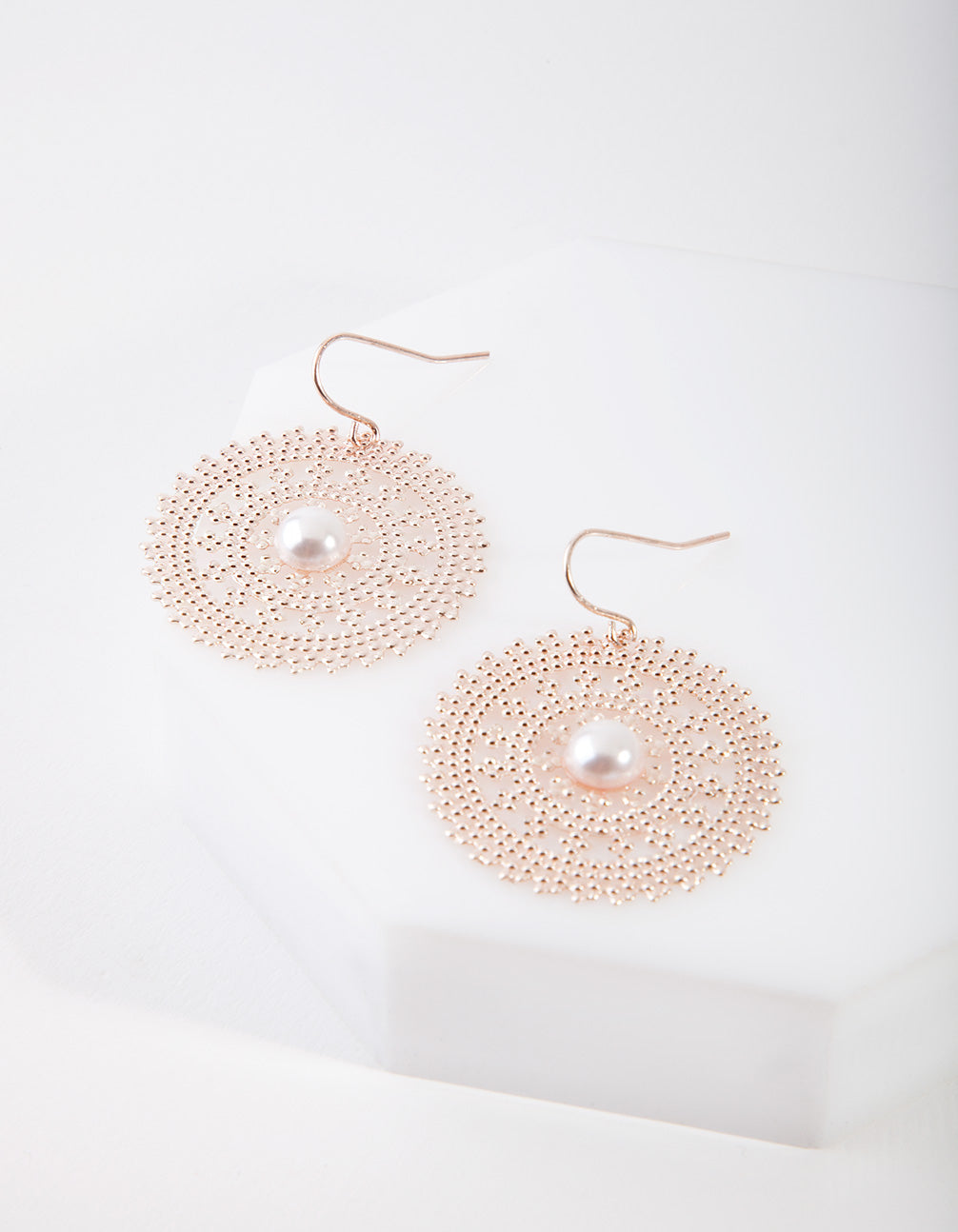 Rose Gold Staple Disc Pearl Drop Earrings