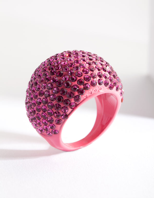 Pink Coated Metal Pave Diamante Dome Ring