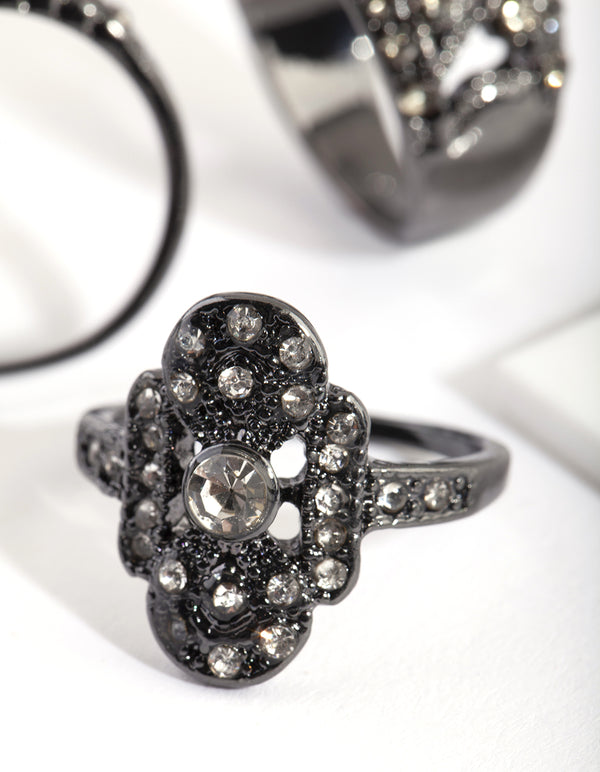Gunmetal Diamante Vintage Ring Pack