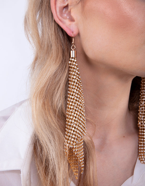 Gold Extra Large Diamante Mesh Drop Earrings