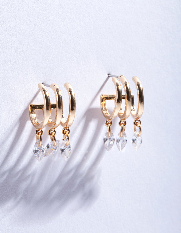 Gold Cubic Zirconia Dia Drop Cuff Hoop Earrings