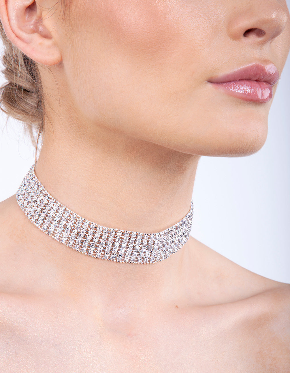 Silver 5 Row Diamante Choker