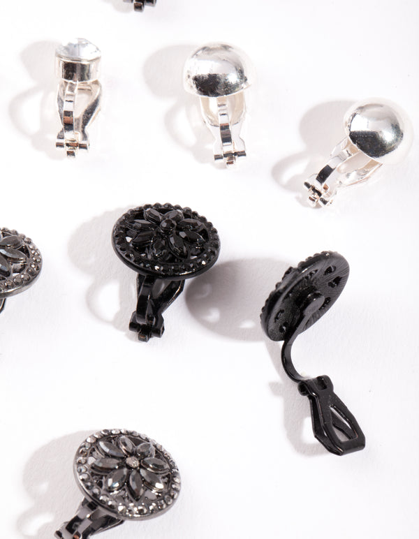 Mixed Metal Decorative Diamante Clip On Earring 5-Pack