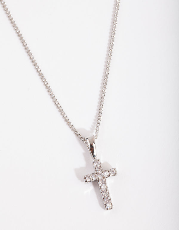 Silver Diamond Simulant Pave Cross Necklace