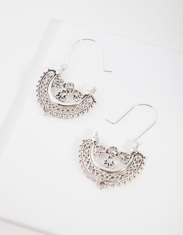 Antique Silver Etched Drop Hoop Earrings