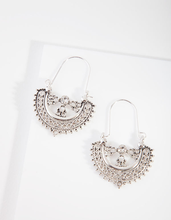 Antique Silver Etched Drop Hoop Earrings
