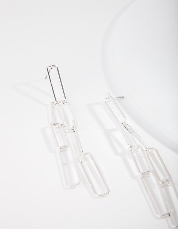 Silver Rectangle Linked Drop Earrings