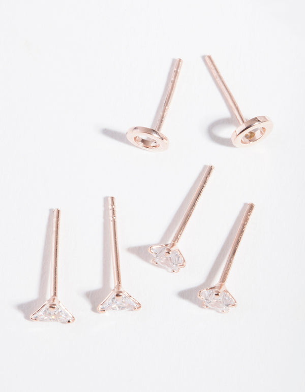 Rose Gold Plated Sterling Silver Cubic Zirconia Geo Stud Earring Pack