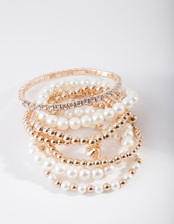 Gold Pearl & Diamante Stretch Bracelet 7-Pack