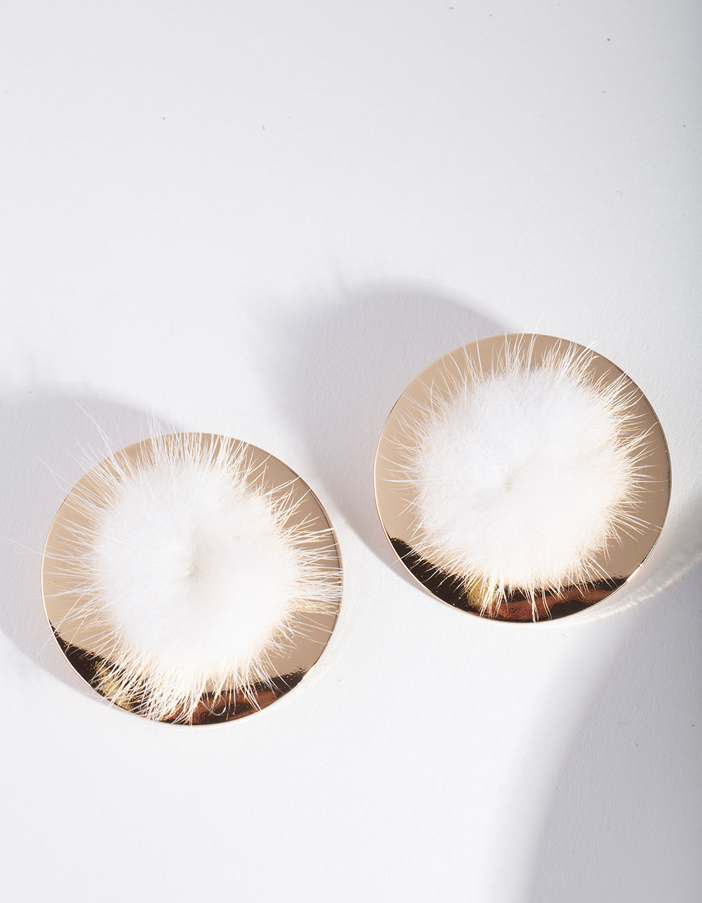 Gold White Pom Pom Disc Stud Earrings