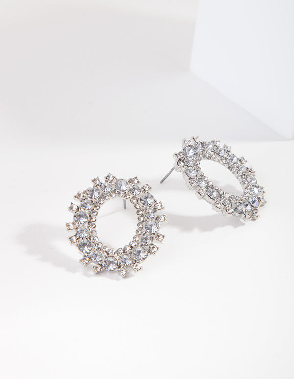 Silver Diamante Open Oval Stud Earrings