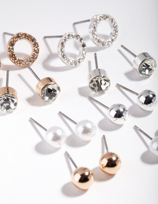 Mixed Metal Circle Pearl Diamante Earring 8-Pack