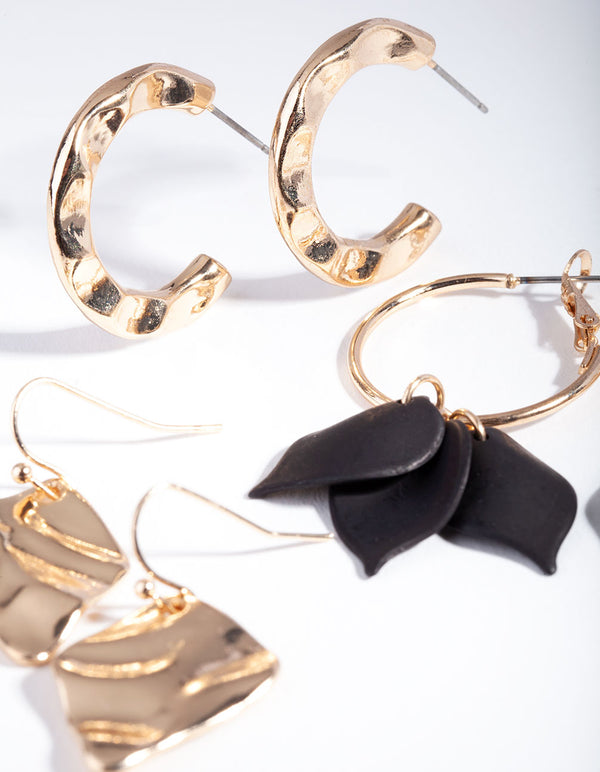 Gold Black Molten Flower Earring Pack