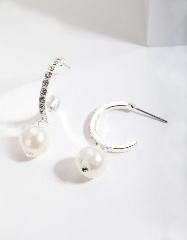 Silver Pearl Diamante Hoop Earrings