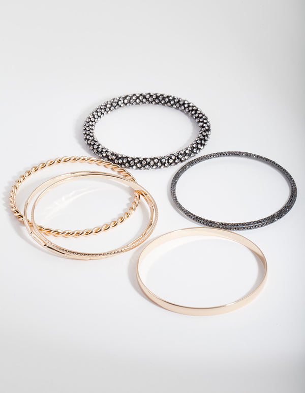Black & Gold Diamante Bangle 7-Pack