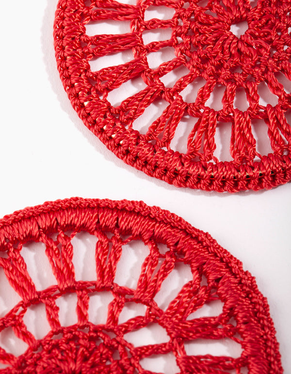 Red Crochet Disc Hoop Earrings