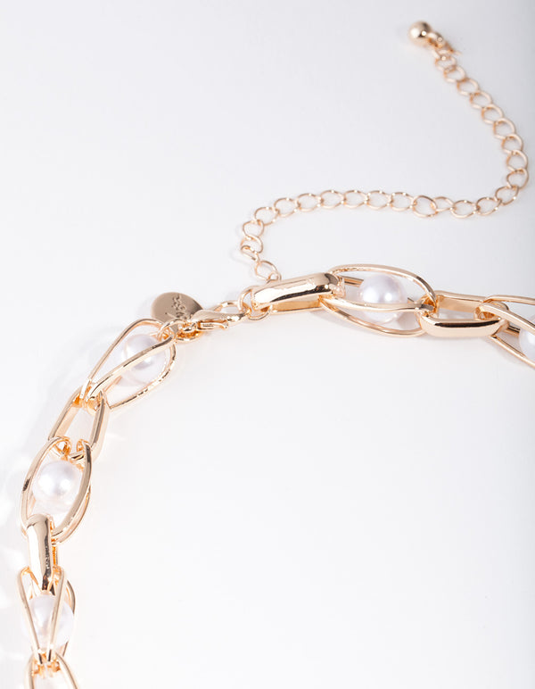 Gold Caged Pearl Chain Necklace