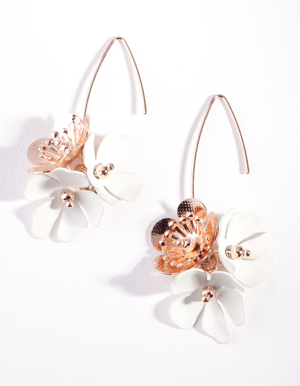 Rose Gold White Flower Drop Earrings