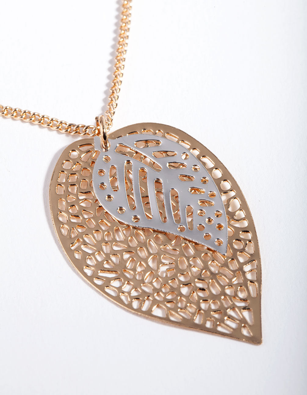 Mixed Metal Cutout Layer Leaf Necklace