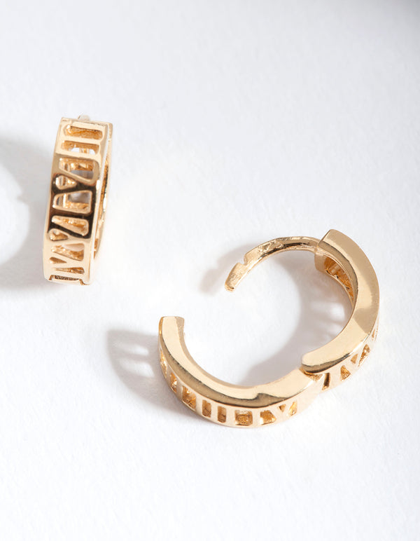 Gold Plated Sterling Silver Roman Numeral Hoop Earrings