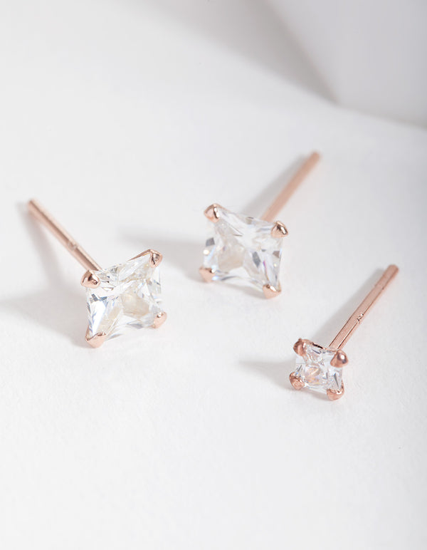 Rose Gold Plated Sterling Silver Cubic Zirconia Stud Earring Pack
