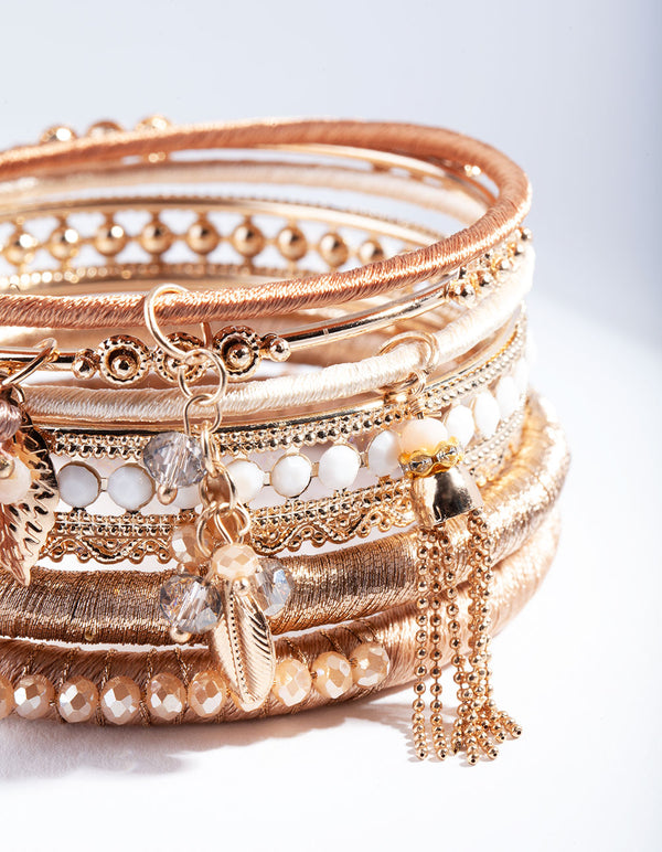 Gold Brown Tassel Bangle 7-Pack